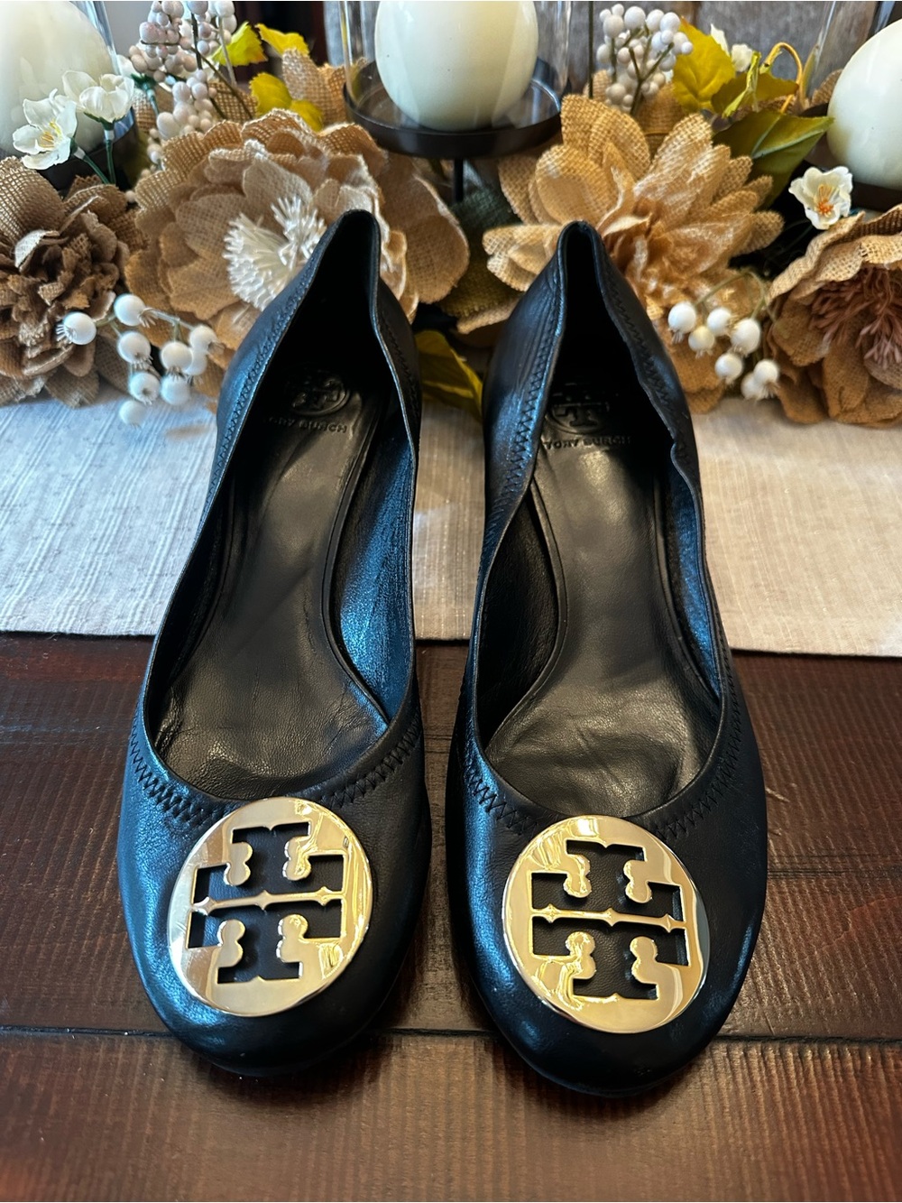 Tory Burch Black Leather Flats with Gold Logo Medallion